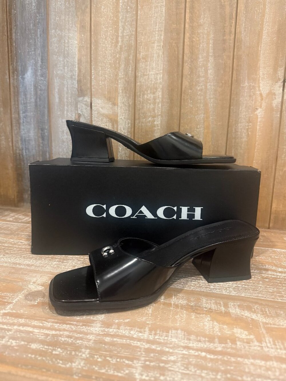 COACH Sculpt C Leather Block Heel Sandal Women's 8.5 Black Slip On Open Toe New